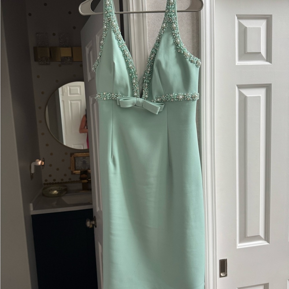 Mac Duggal Mint Green Embellished Midi Dress